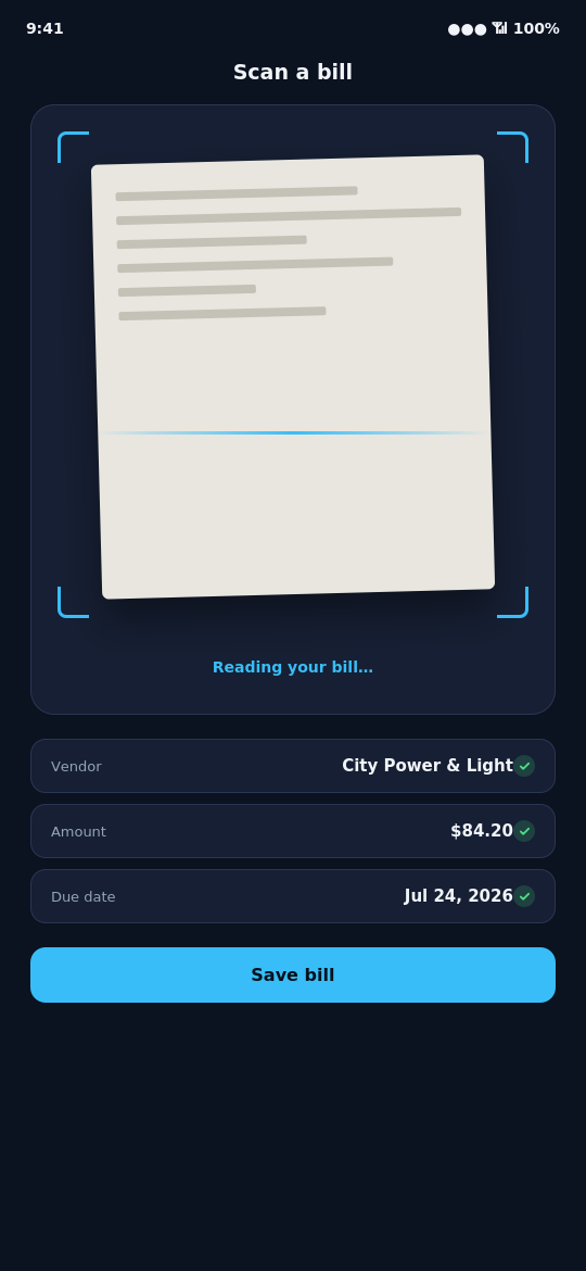 Duvello AI bill scanner reading a bill automatically